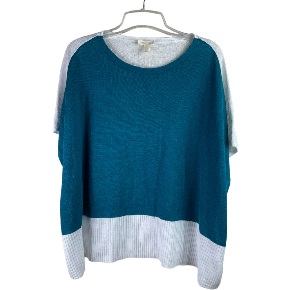 Eileen Fisher Linen Teal White Oversized top size S/M